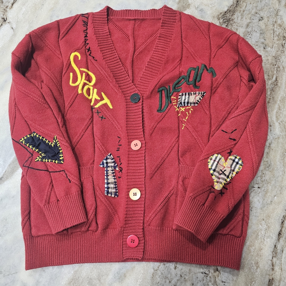 Ebossy Red Embroidered Cardigan Sweater Colorful Buttons Women’s Large